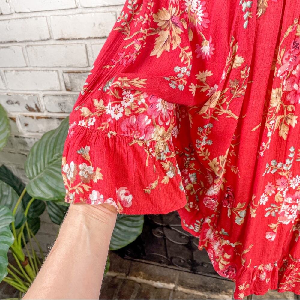 Vintage Denim & Supply Ralph Lauren Red Cotton Floral Flowy 3/4 Sleeve Top L - Picture 6 of 10